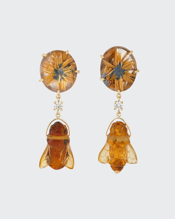 18k Bespoke 2-Tier One-of-a-Kind Luxury Earrings w/ Quartz, Hand-Carved Amber Bee & Diamonds