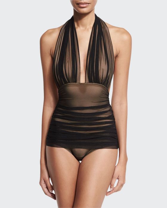 Bill Ruched-Mesh Halter Maillot Swimsuit, Black