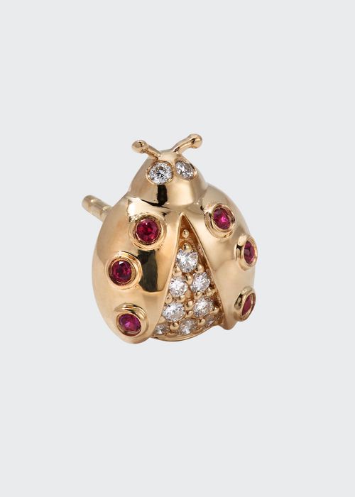 14k Gold Ruby Diamond Ladybug Single Stud Earring