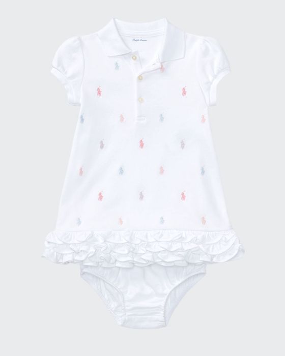 Logo Embroidery Ruffle Hem Polo Dress w/ Bloomers, Size 6-18 Months
