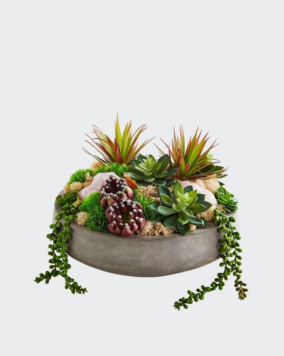 Concrete Bowl with Rose Quartz & Succulents