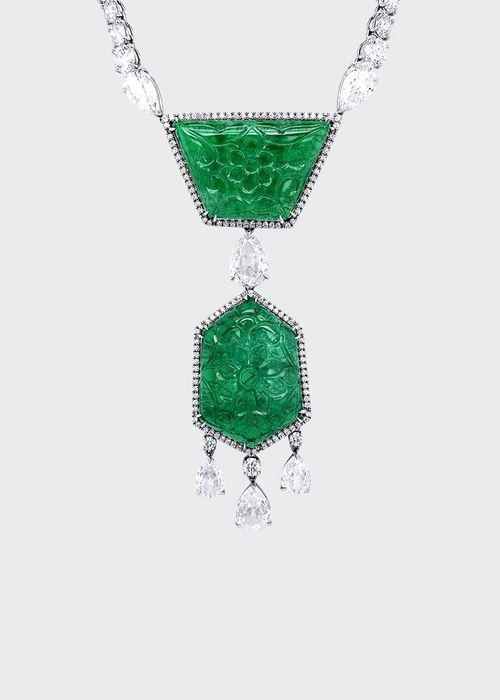 Carved Zambian Emerald and Diamond Necklace
