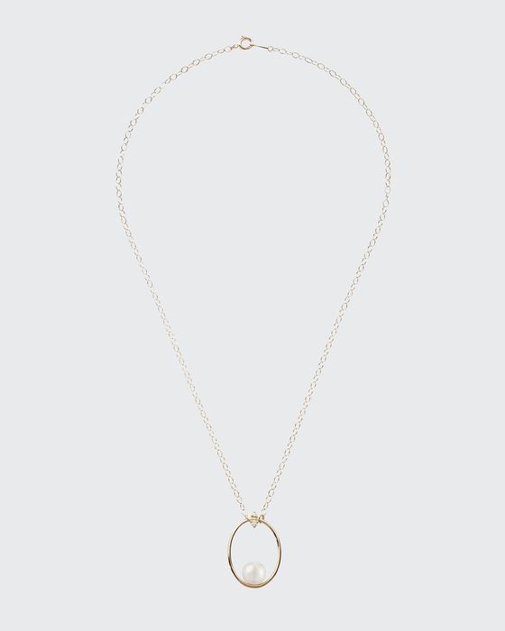 14k Gold Small Pearl & Diamond Oval Pendant Necklace