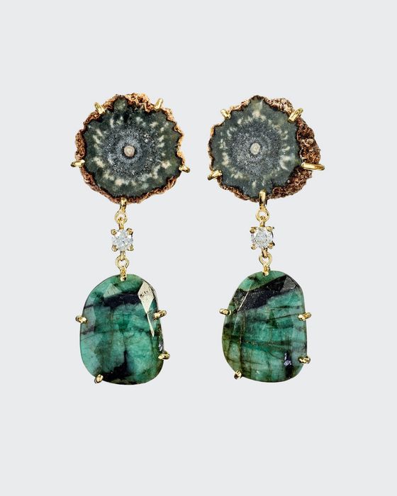 18k Bespoke 2-Tier One-of-a-Kind Luxury Earrings w/ Brown Stalactite, Faceted Emerald & Diamonds