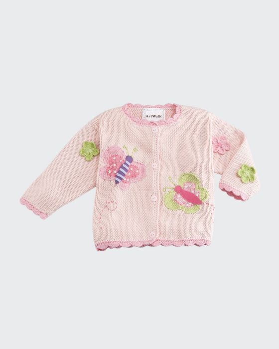 Butterflies Cotton Button-Front Sweater, Pink, Size 12-24 Months