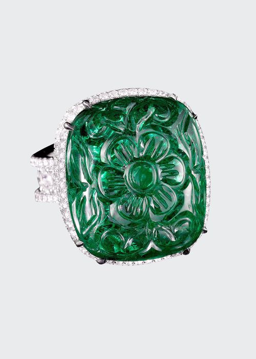 Carved Zambian Emerald and Diamond Ring