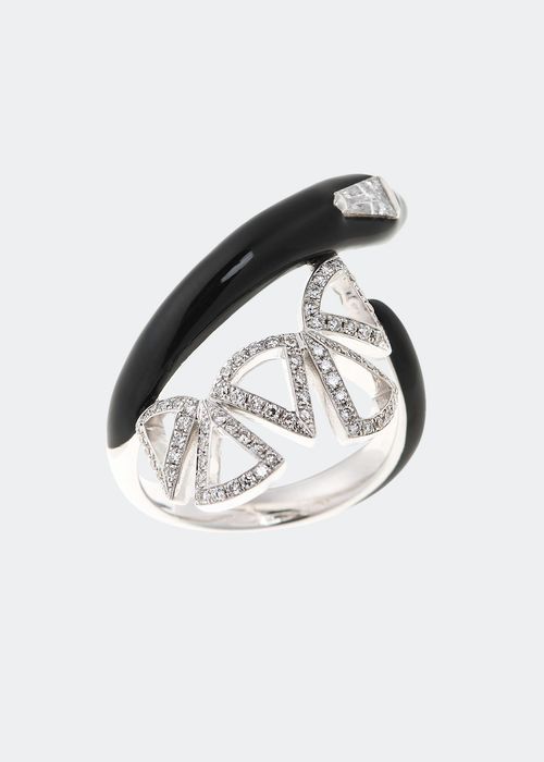 Oui Open Wrapped Diamond and Black Enamel Ring in 18k White Gold, Size 6.5