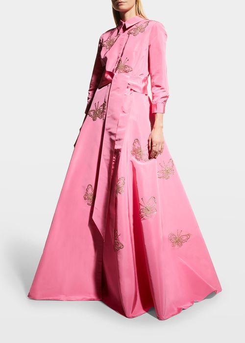 Butterfly Embellished Silk Shirt Gown