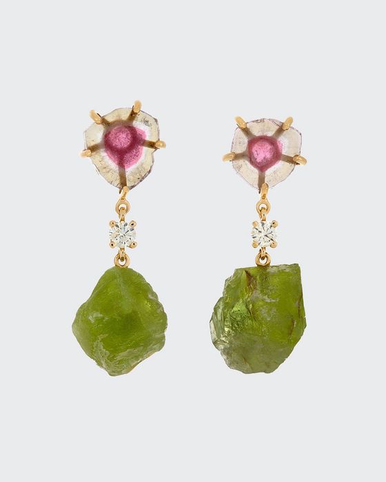 18K Bespoke 2-Tier One-of-a-Kind Luxury Earrings w/ Pink Tourmaline, Large Peridot & Diamonds