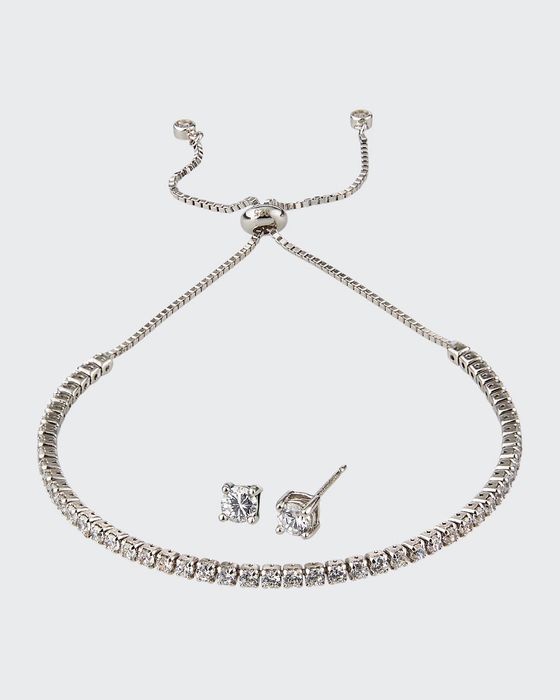 Girl's Sterling Silver Cubic Zirconia Adjustable Bracelet w/ Matching Stud Earrings Set