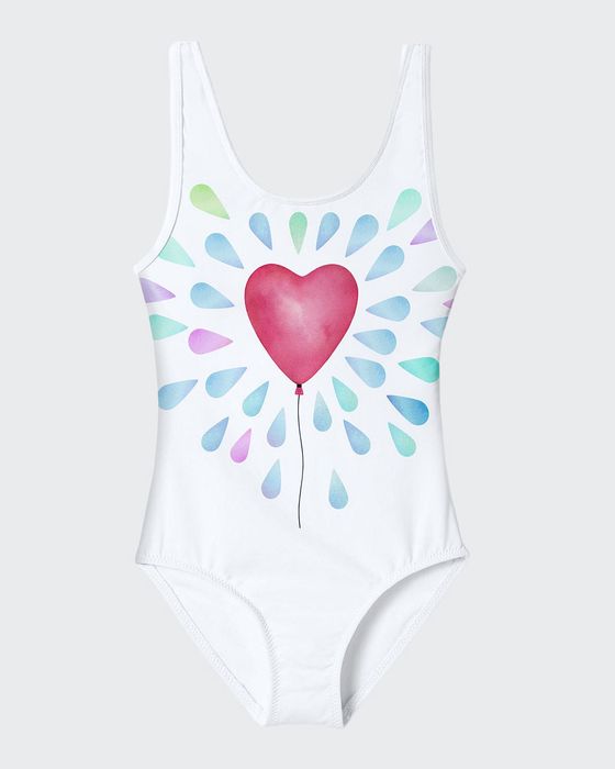 Girl's Heart Balloon Printed One-Piece Swimsuit, Size 2-12