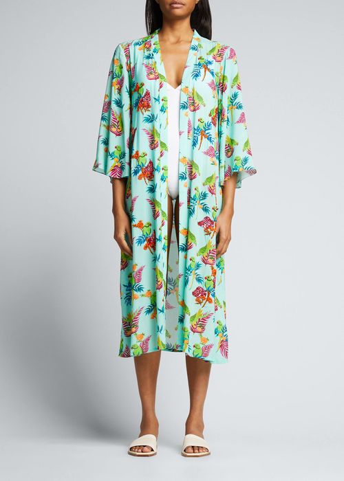 Tropical 3/4-Sleeve Kimono Coverup