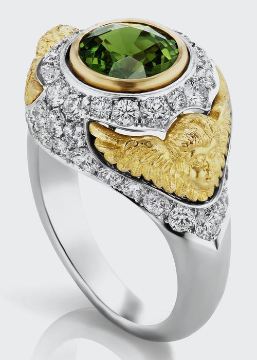 Green Sapphire Pav&eacute; Putti Ring with Diamonds, Gold and Platinum