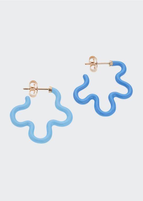Two-Tone Asymmetrical Small Flower Power Hoop Earrings with Blue Enamel