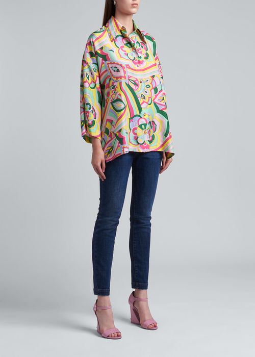 Abstract Print Button-Down Silk Blouse