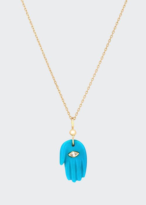 14k Yellow Gold Baby Blue Turquoise Hand and Diamond Necklace