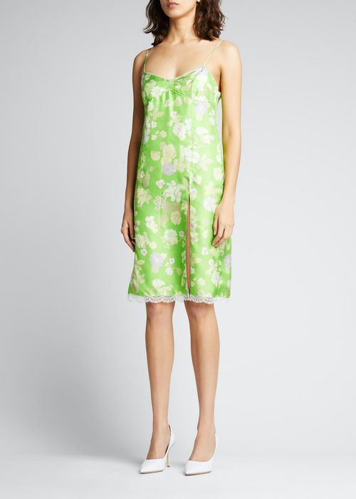 Floral-Print Silk Lace-Trim Slip Dress