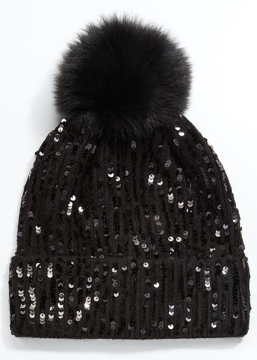 Sequin Knit Beanie w/ Fur Pompom