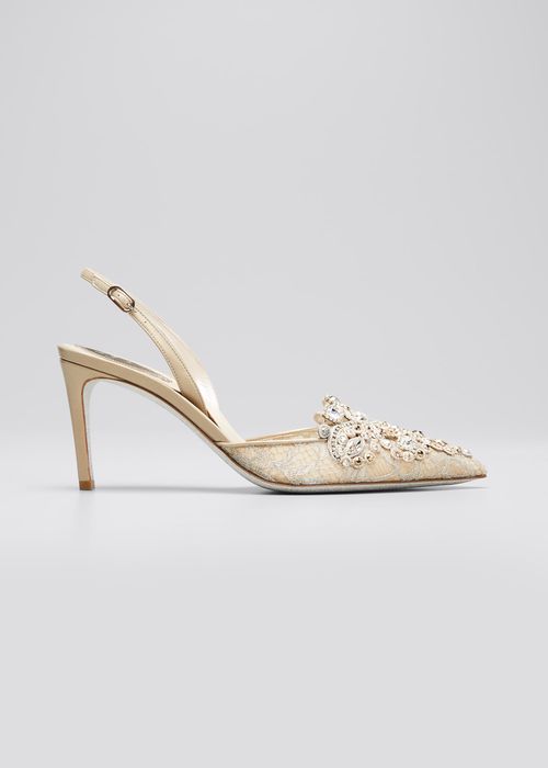 Crystal Lace-Embroidered Slingback Pumps