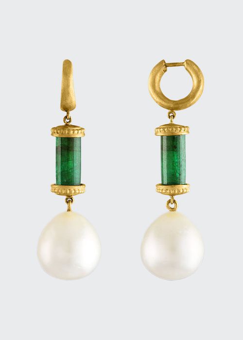 Emerald Tropaion With South Sea Pearl Earrings 22K Gold