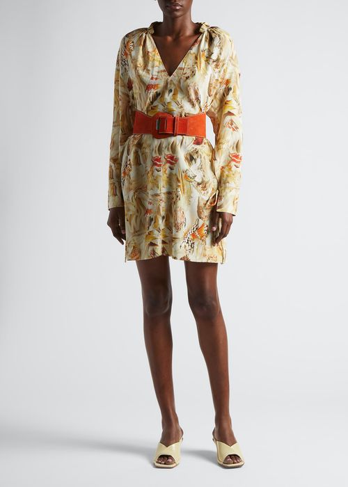 Abstract Shell-Print Silk Mini Kaftan Dress