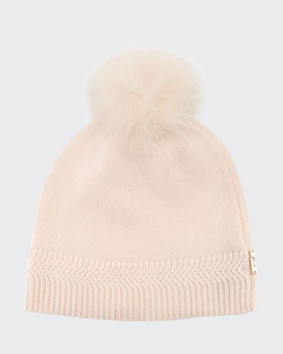 Knit Cashmere Beanie Hat w/ Fur Pompom