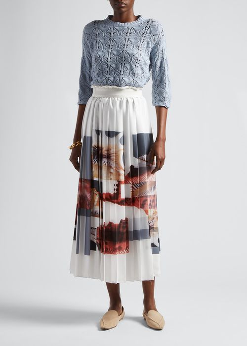 Abstract Shell-Print Pleated Satin Skirt