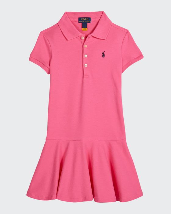 Girl's Short-Sleeve Knit Drop-Waist Polo Dress, Size 5-6X