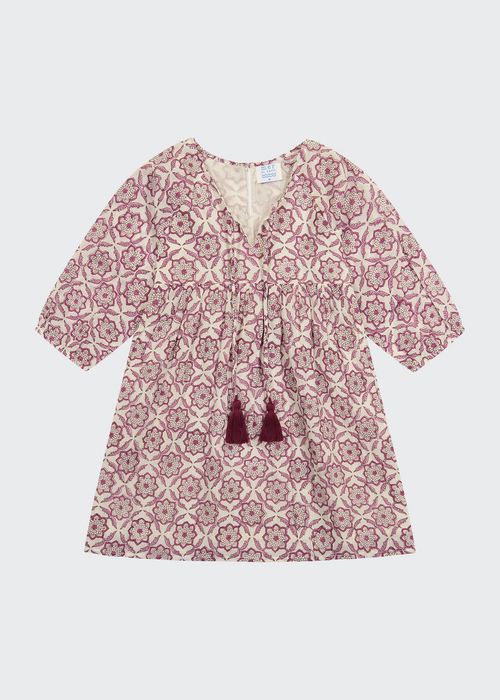 Girl's Sara Block-Print Tassel Popover Dress, Size 2-10