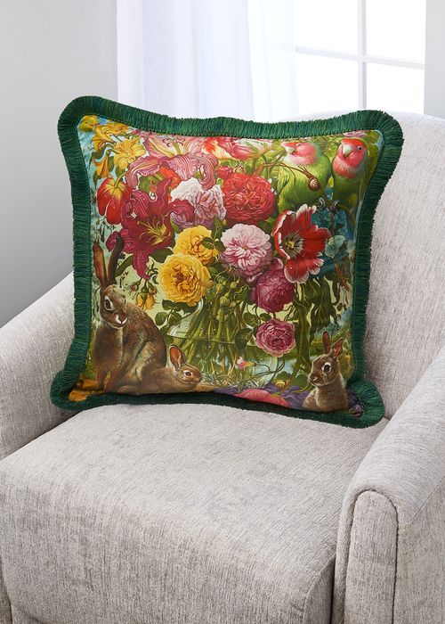 Floral with Bunnies Fringe Silk Pillow