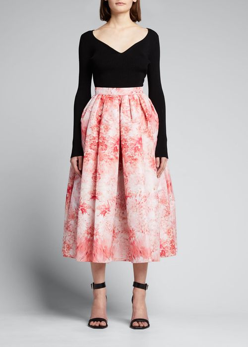 Coral-Print Pleated Midi Skirt