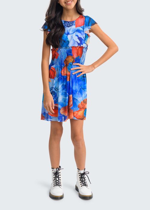 Girl's Riley Sheer Floral-Print Smocked Dress, Size 8-16