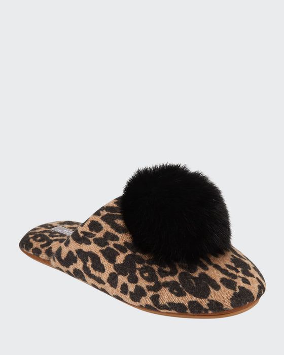 Leopard-Print Cashmere Fox Fur-Trim Slippers