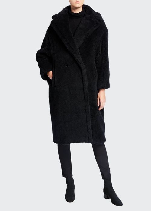 Alpaca-Silk Teddy Knit Coat, Black