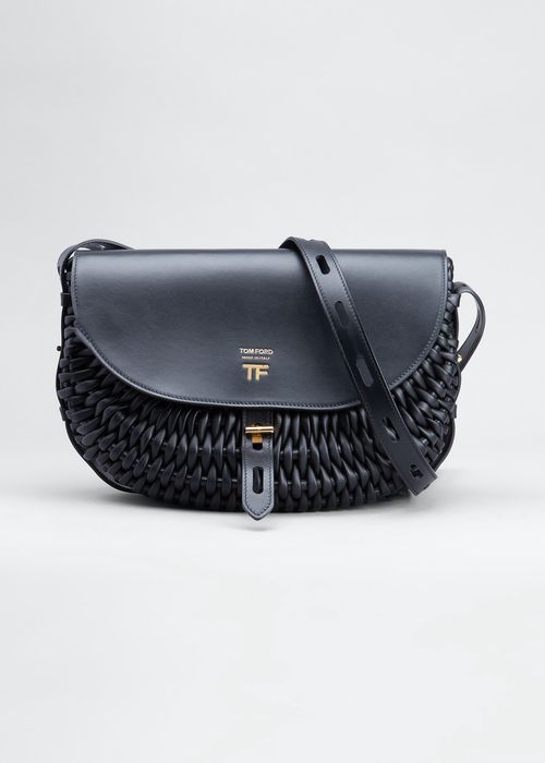 T Twist Small Woven Leather Saddle Crossbody Bag