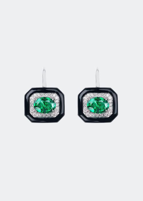 18k White Gold Oui Diamond & Emerald Earrings