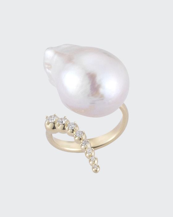 Curved Baroque Pearl & Diamond Ring in 14K Gold