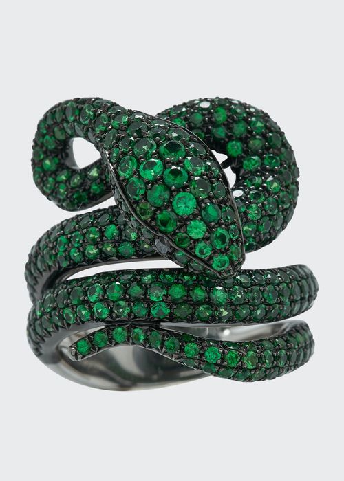 18k White Gold Green Ring from the Snake Collection, Size 7