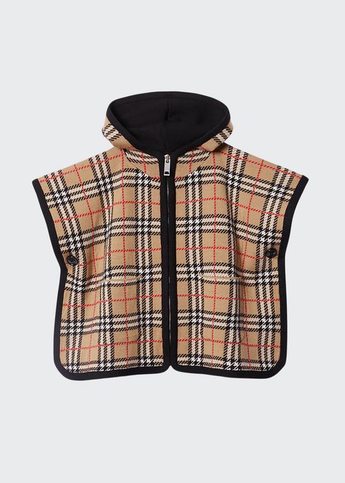 Kid's Hooded Check Zip-Up Cape, Size S-L