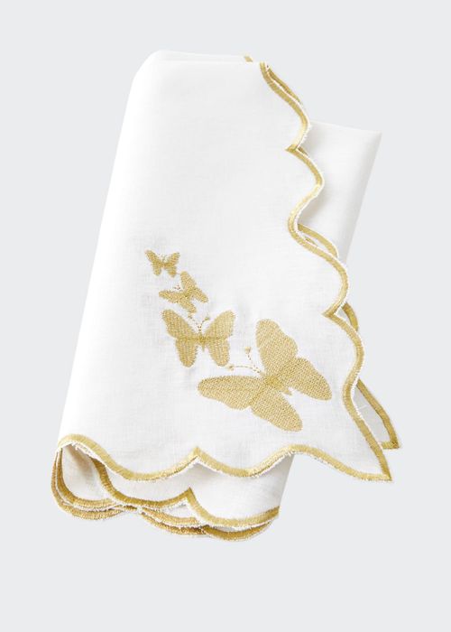 White Linen Butterfly Gold Embroidery Napkin, 24"Sq.