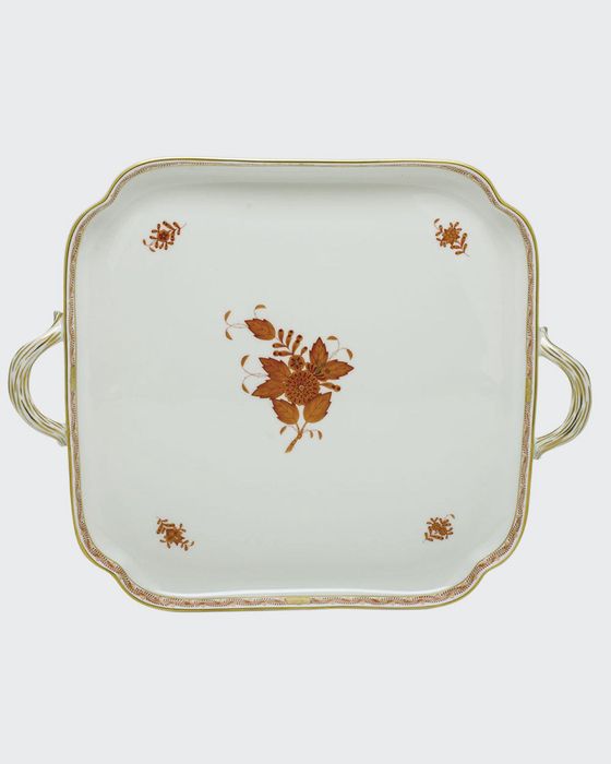 Chinese Bouquet Rust Square Tray with Handles