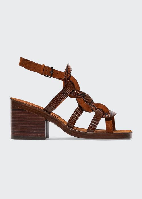 Vick Mixed Leather Caged Block-Heel Sandals