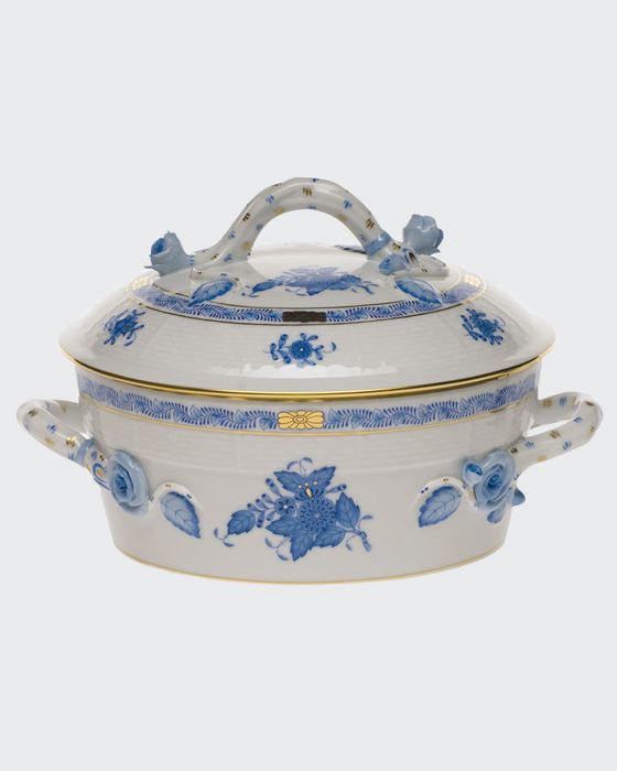 Chinese Bouquet Blue Small Covered Vegetable Dish with Branch Handle