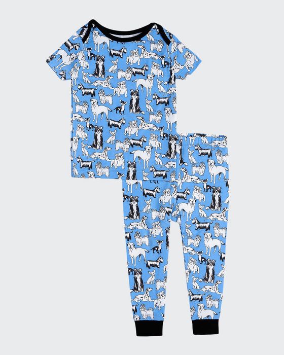 Kid's Dog-Print Stretch Cotton Envelope-Shoulder Pajama Set, Size 3-24M