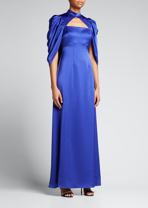 Carrie Draped Cape-Sleeve Gown