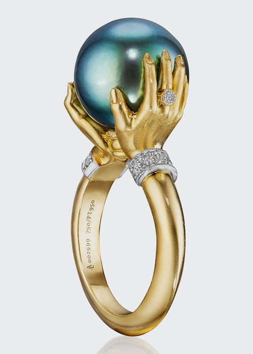 Tahitian Pearl Adorned Hands Ring in 18k Yellow Gold