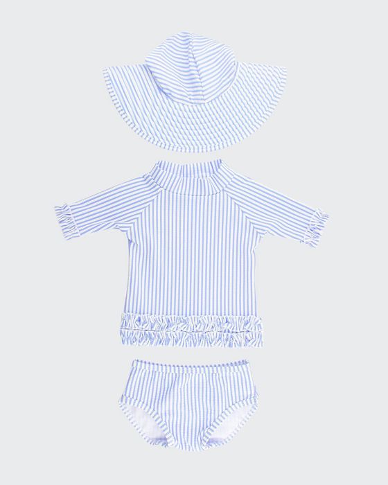 Girl's Seersucker Ruffle Rash Guard Bikini w/ Sun Hat, Size 3M-10