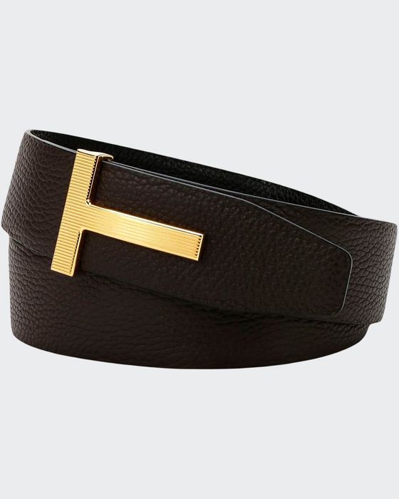 Men's Ridged T-Buckle Leather Belt