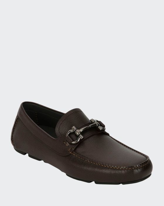 Men's Pebbled Leather Gancini Driver, Chocolate Brown