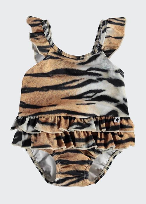 Girl's Nalani Tiger Ruffle-Trim One-Piece Swimsuit with Diaper Cover, Size 0M-3